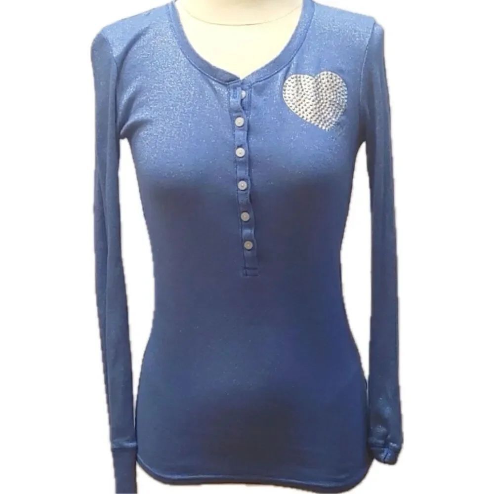 Vintage Y2K PINK Victoria’s Secret Blue Metallic Heart Henley Top XS Bella Swan